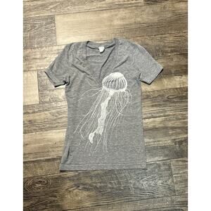 Supermaggie Jellyfish Graphic V Neck T-Shirt Gray Thin Semi Sheer Top XS USA